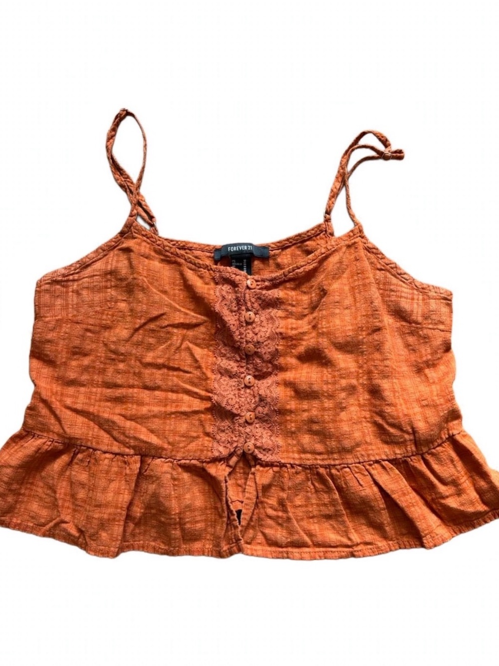 Forever 21 Burnt Orange Crop Cami Top M Peplum Lace Buttons Tie Straps